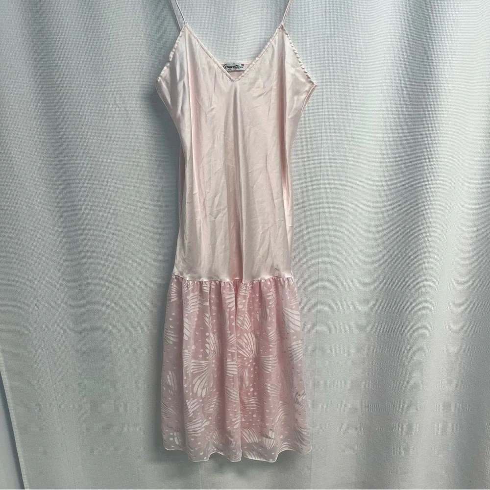 Vtg Amaretta Pink Satin Chiffon Babydoll Slip Balletcore Romantic‎ nightgown